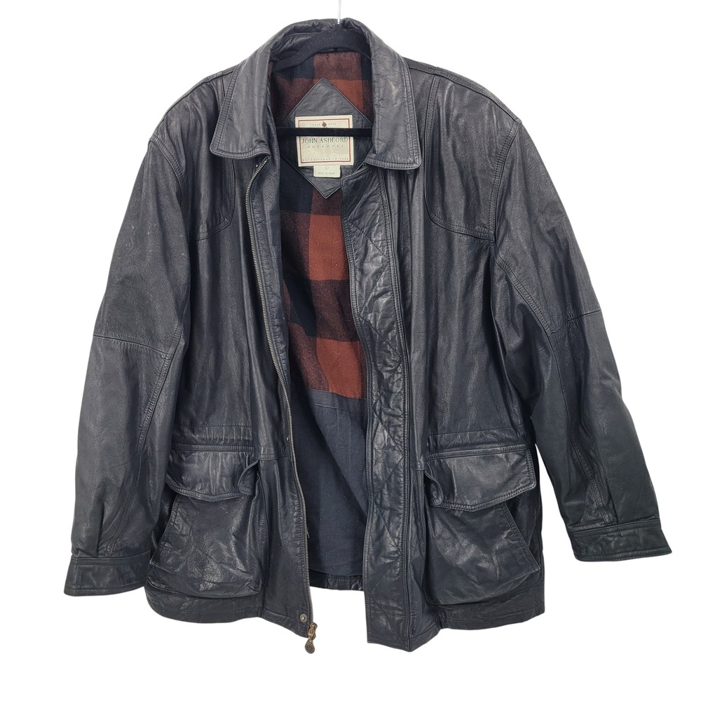 Vtg 90s Grunge Oversized Blk Leather Barn Field Jacket Sz L Plaid Flannel Lined